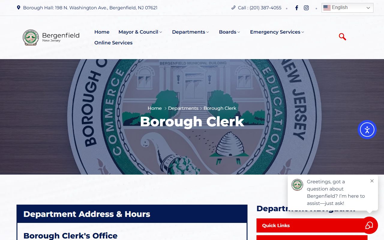 Bergenfield Borough Hall residents directory records office