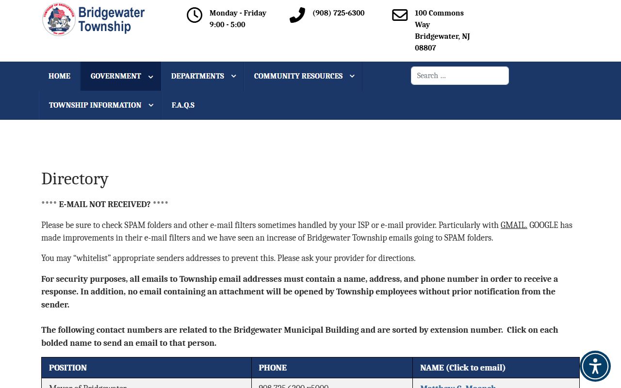 Bridgewater Township government directory for residents