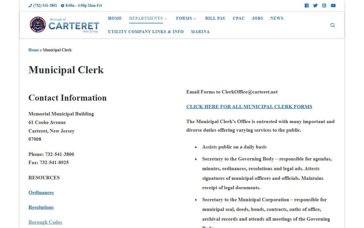 Carteret Borough Hall municipal clerk residents directory
