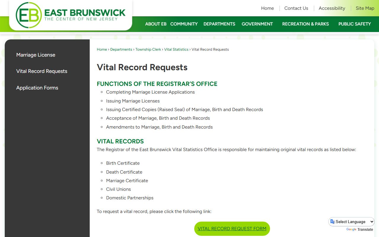East Brunswick vital records request information