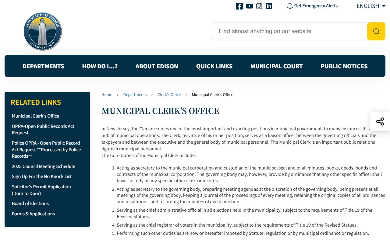 Edison Township Municipal Building clerk residents directory