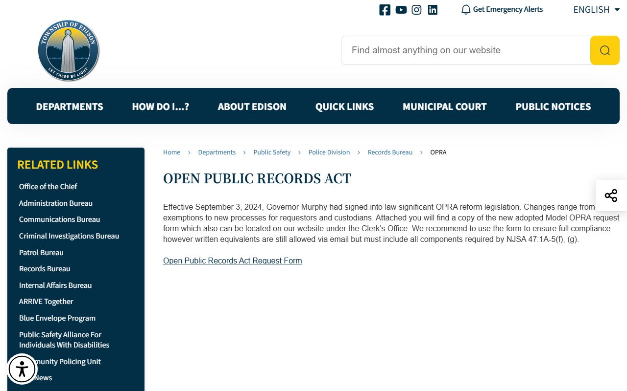 Edison Township OPRA records access residents directory