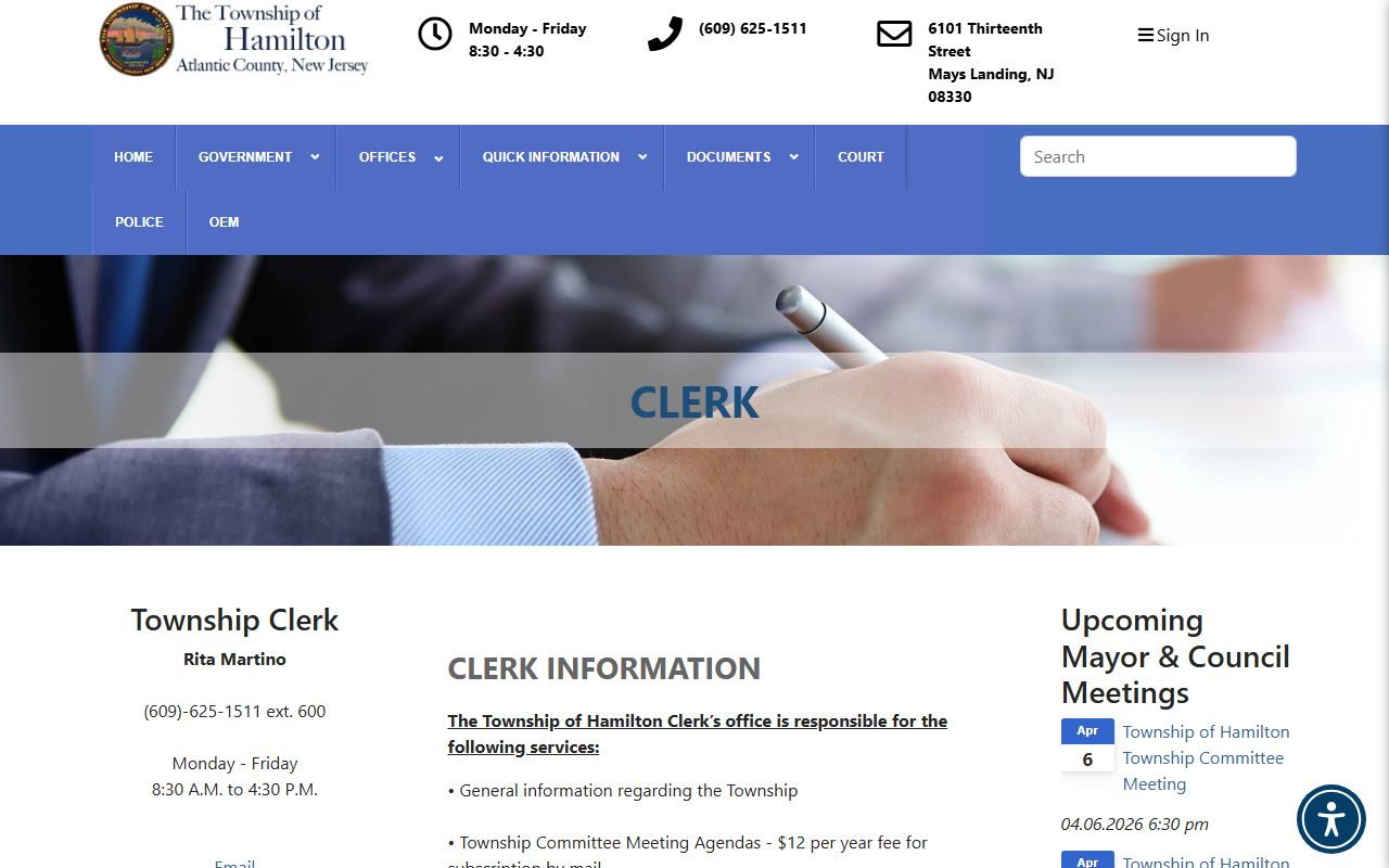 Hamilton Township clerk office residents directory records