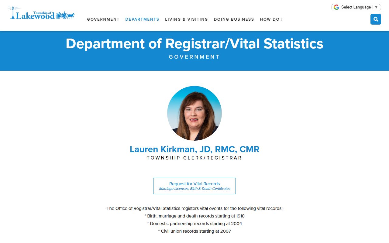 Lakewood Township vital statistics office for birth and death records