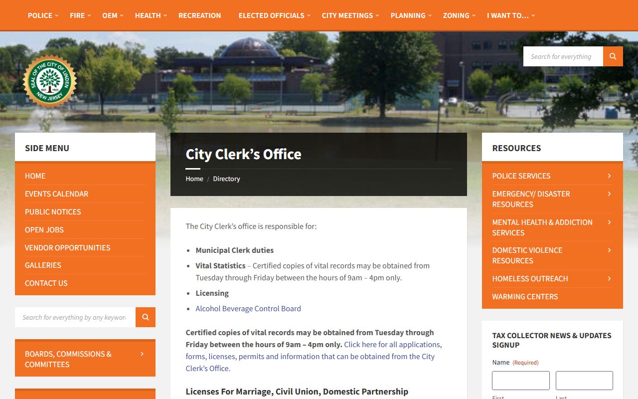 Linden City Clerk office for residents directory records