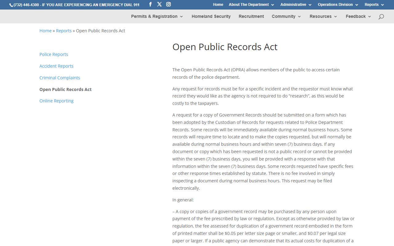 Manalapan Township Police Department public records access