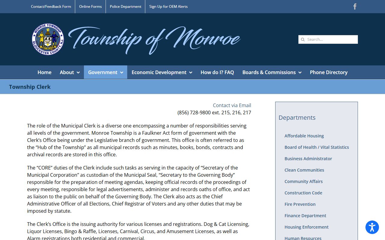 Monroe Township Clerk office for residents directory records