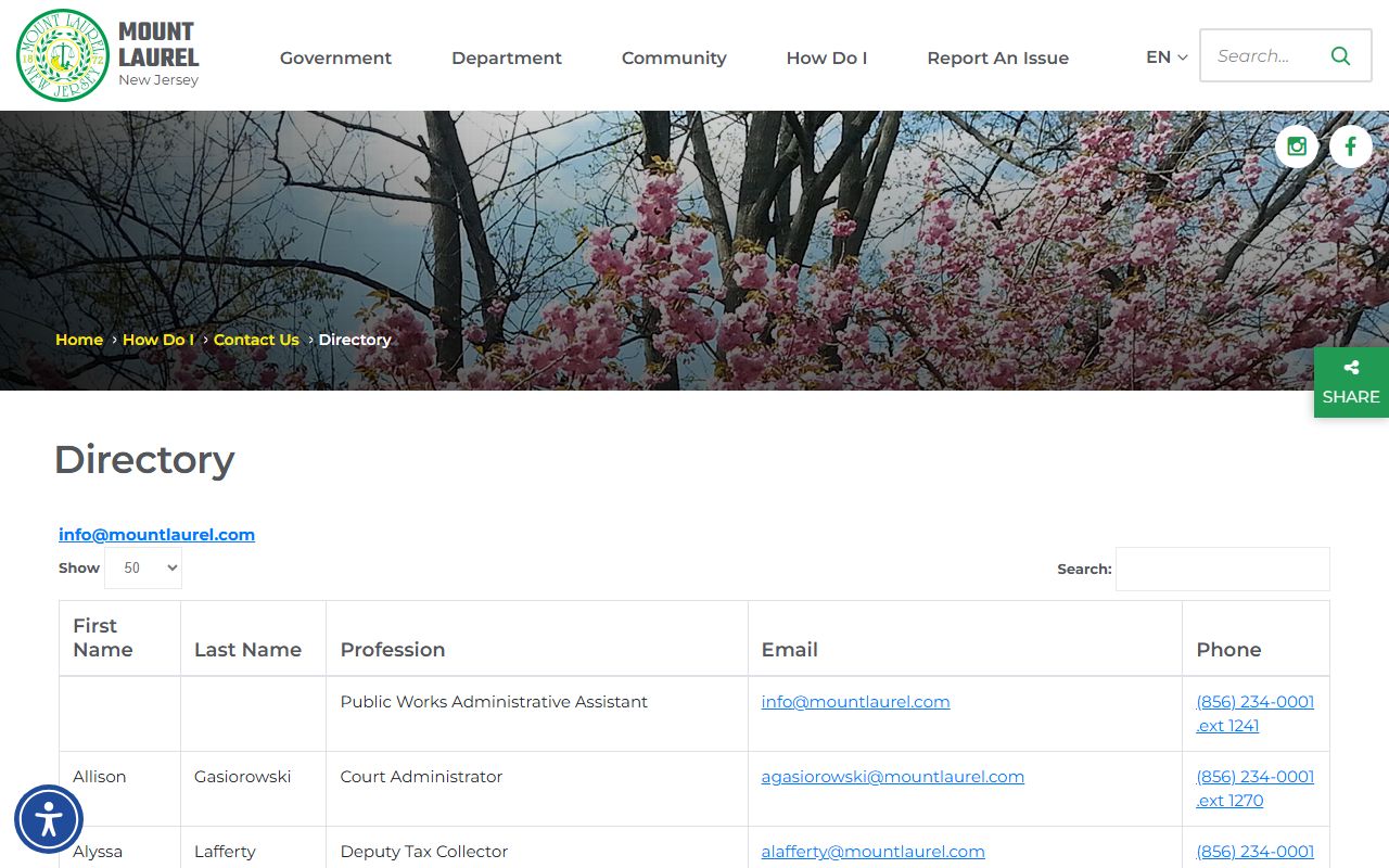 Mount Laurel Township directory and contact information