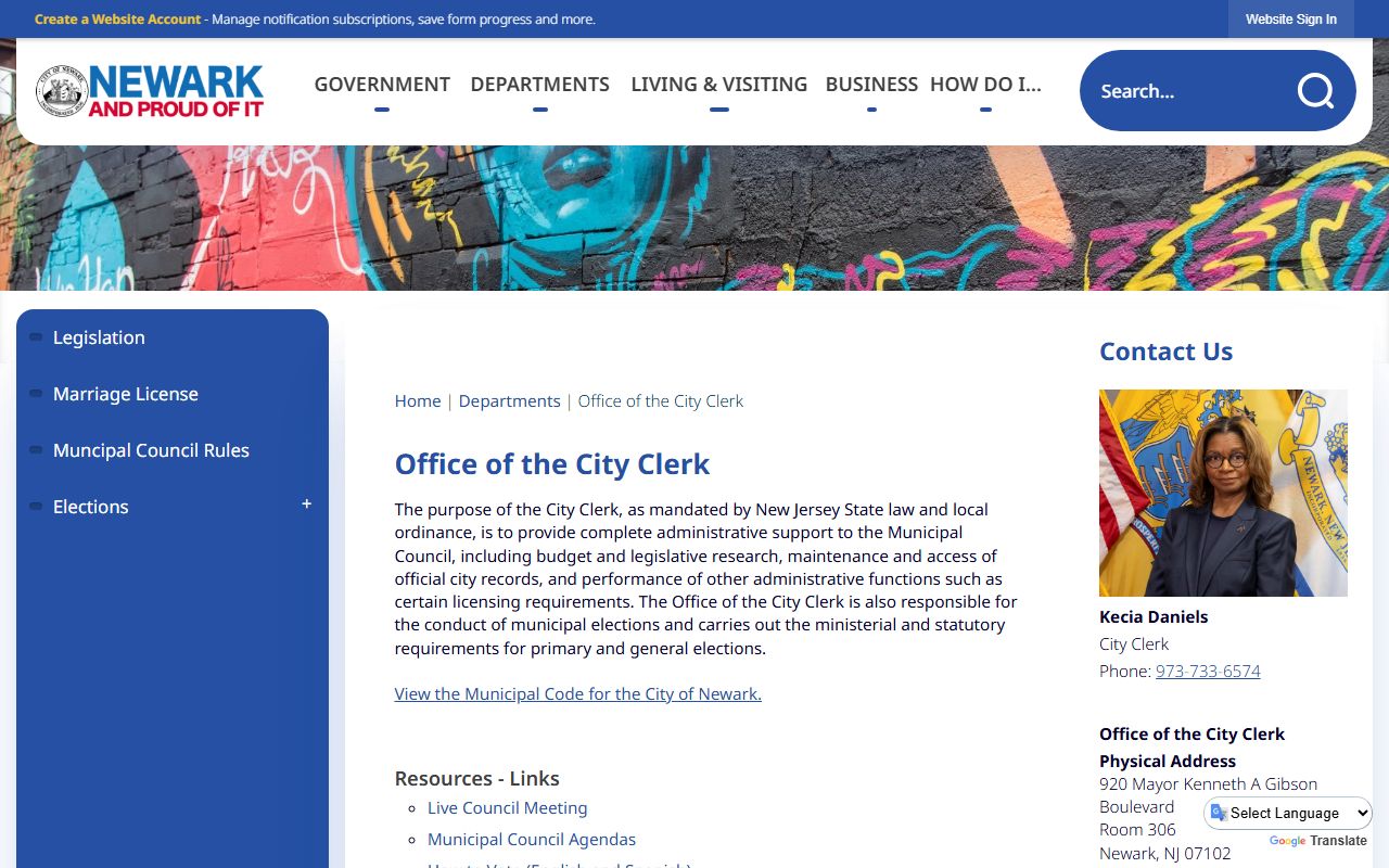 Newark City Clerk office for residents directory records