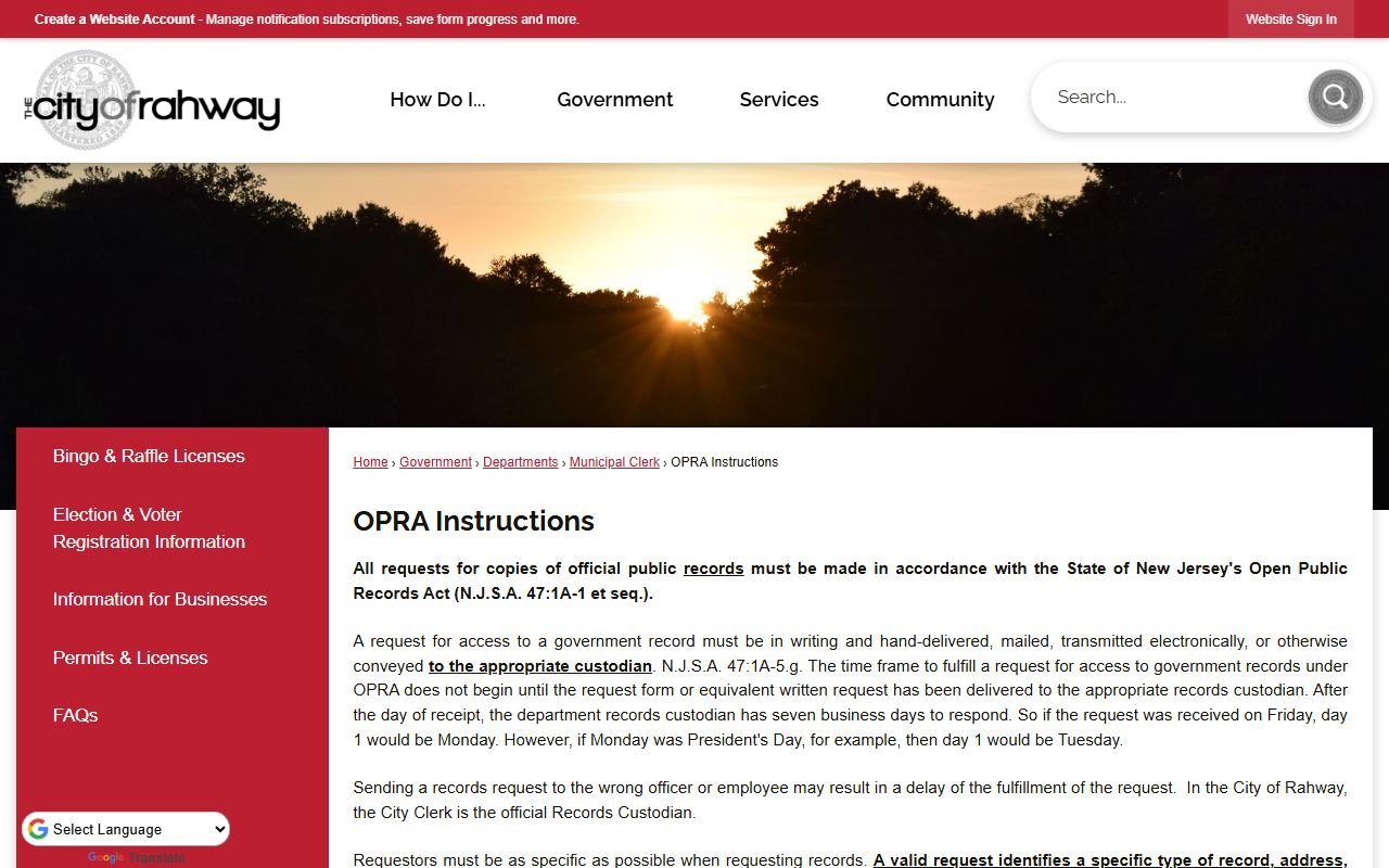 Rahway OPRA instructions for the residents directory