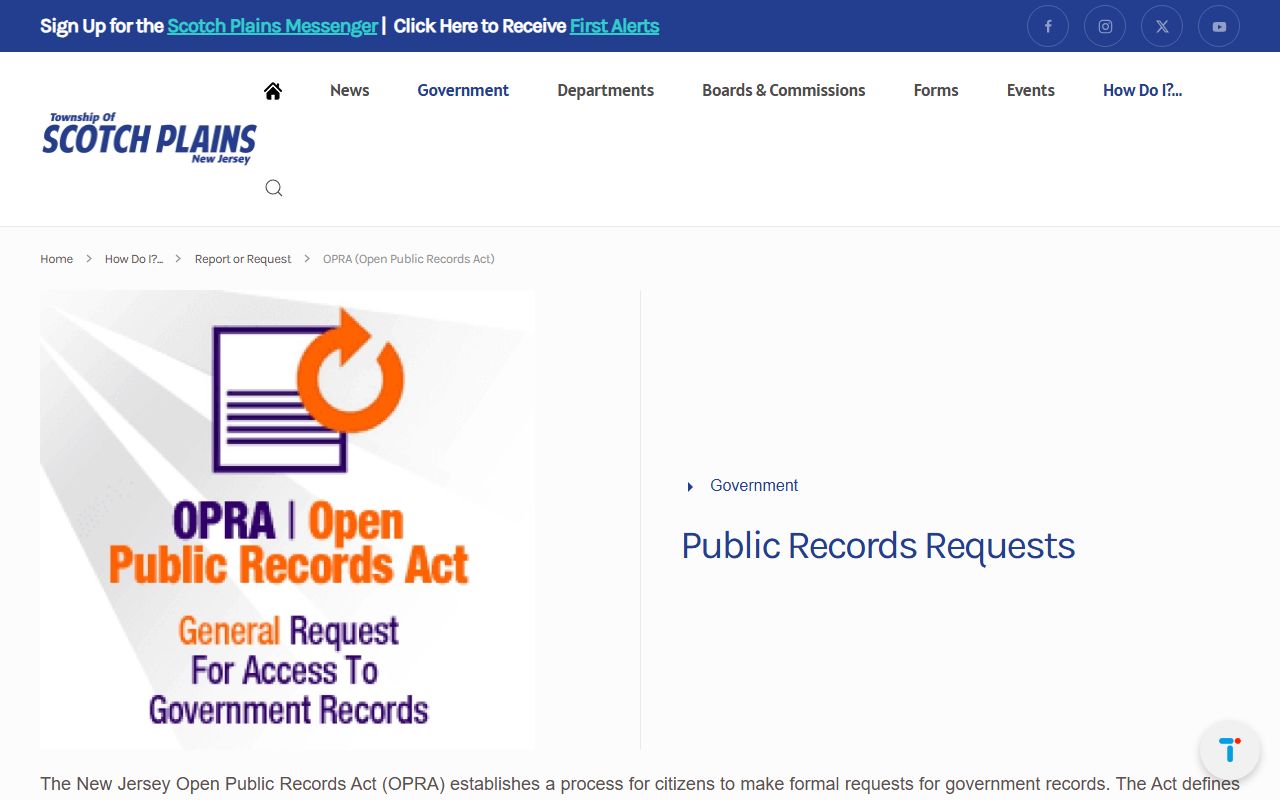 Scotch Plains OPRA request page for the residents directory
