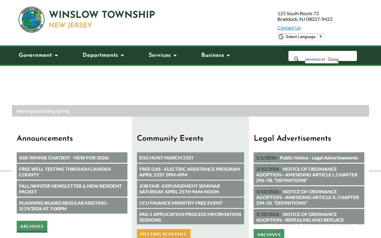 Winslow Township municipal complex for residents directory