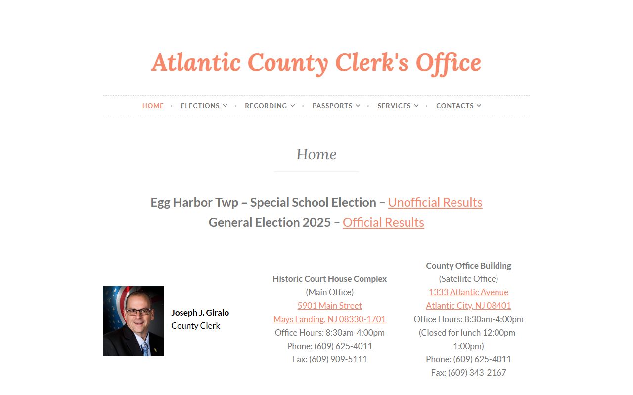 Atlantic County residents directory clerk office location in Mays Landing