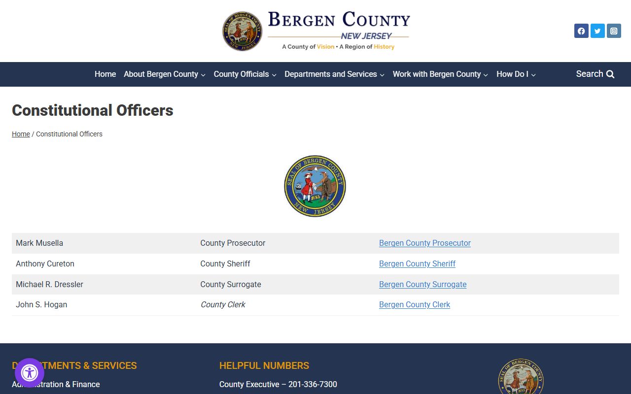 Bergen County residents directory constitutional officers page for public records