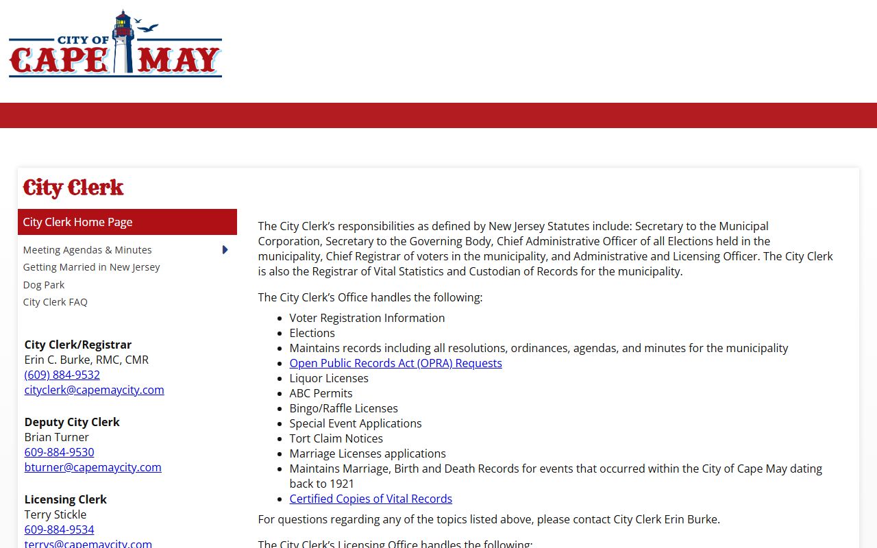 Cape May County residents directory city clerk office for vital records and services
