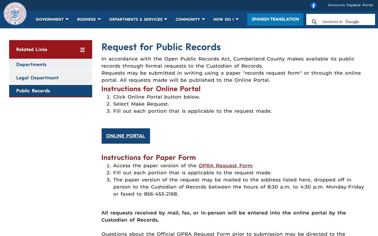 Cumberland County residents directory OPRA public records request portal