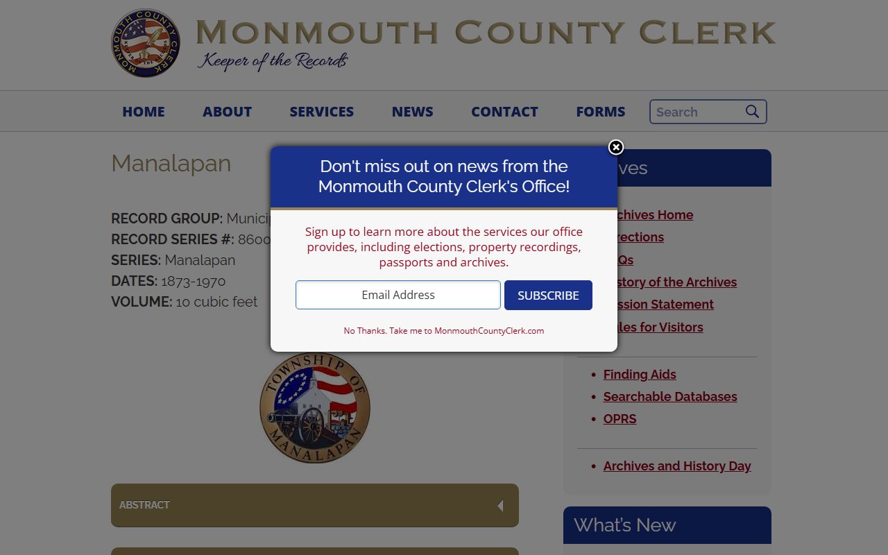 Monmouth County Clerk archives and municipal records