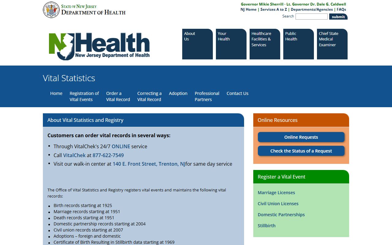 New Jersey Department of Health residents directory and vital records page